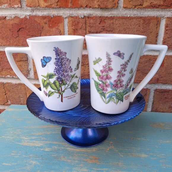 Butterfly Garden Mugs Lilac Blue Purple Dragonfly Foxglove Matching Pair Set 2 - Picture 6 of 17